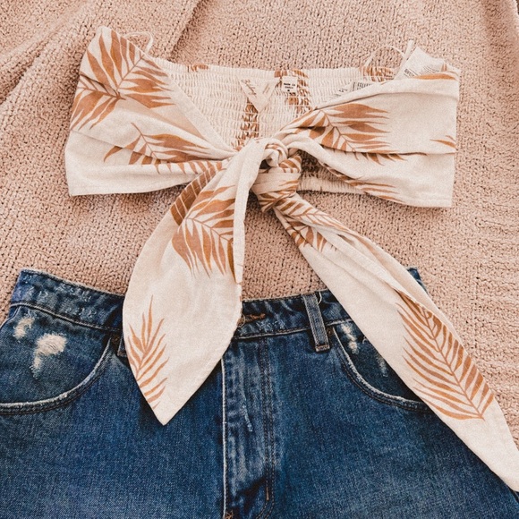 Billabong x Sincerely Jules Cotton Tie Front Beach Bandeau Top in Leaf Print - Picture 1 of 6